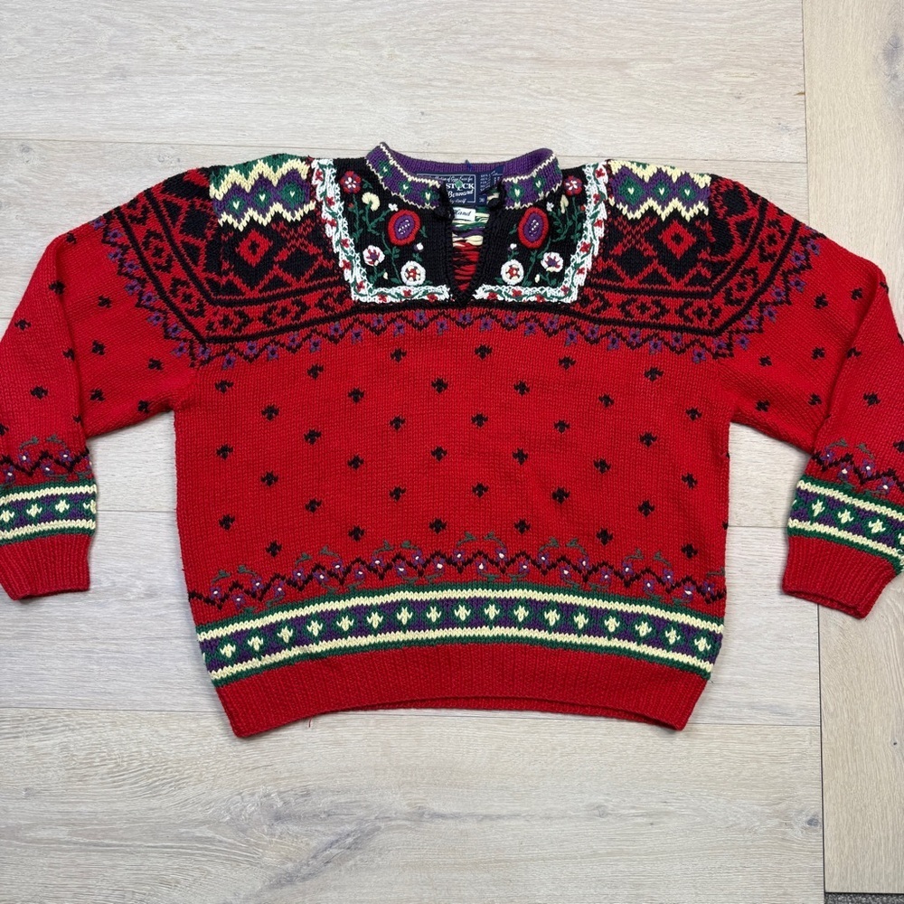 Woodstock Festive Red Knit Sweater with Patterned Design
